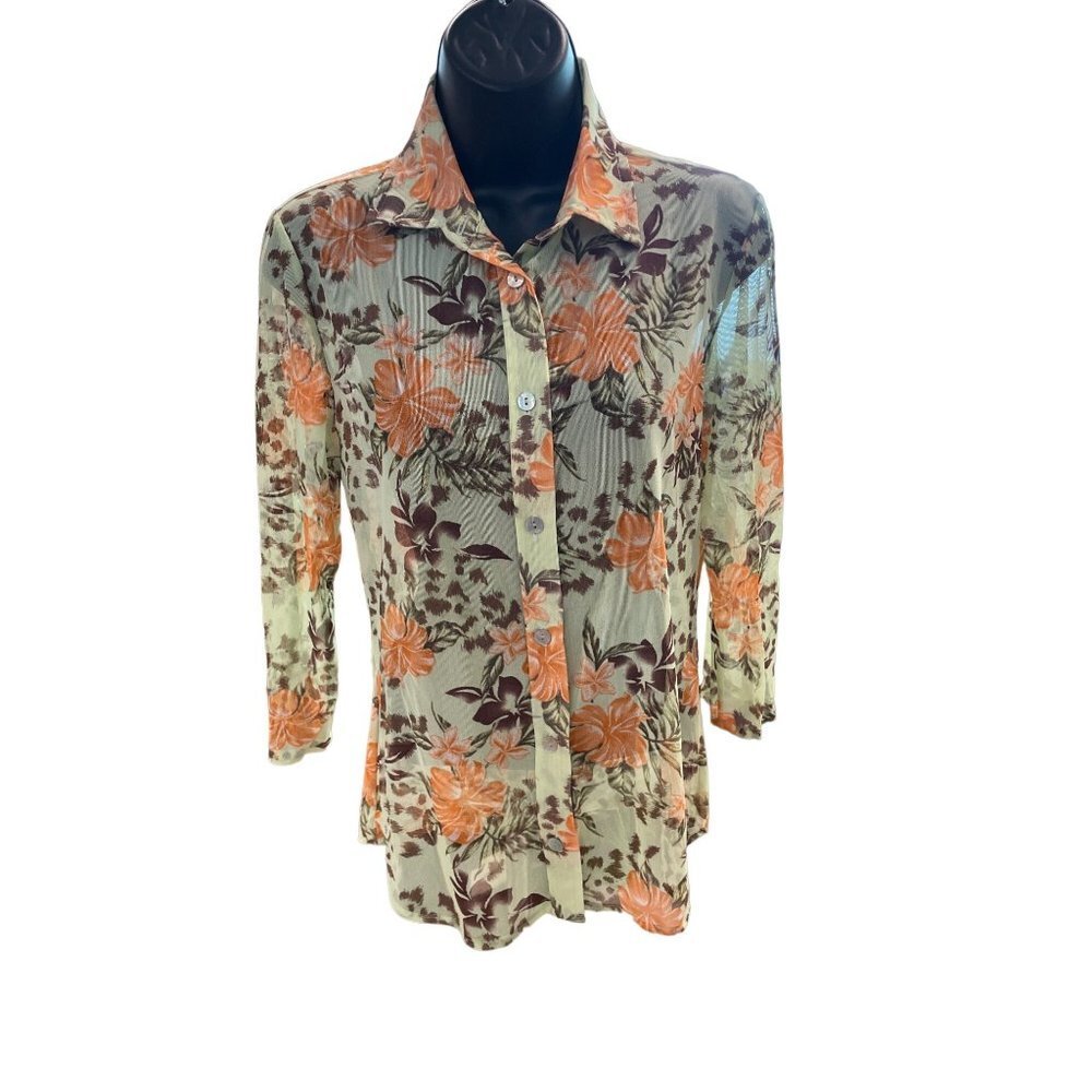Leiloni NWT Sheer Green Floral Lightweight Button Down Blouse Sz S